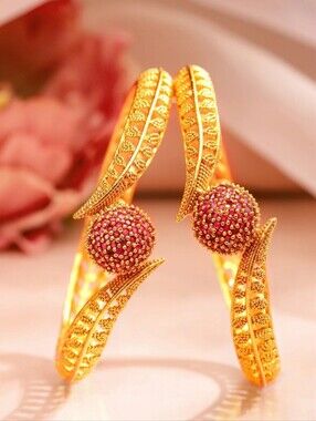 Gold Plated Red Stone Textured Statement Bangles Set Size 2.8